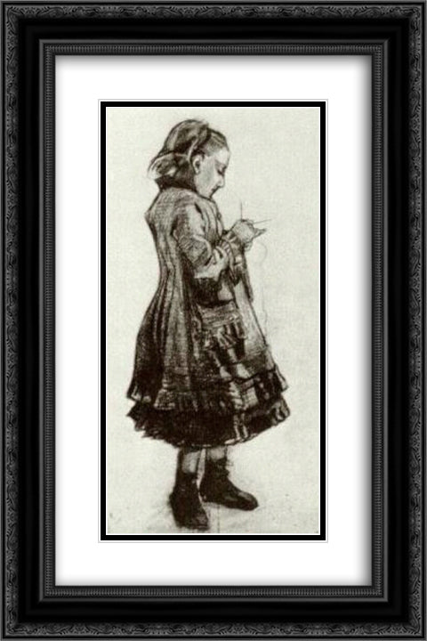 Girl Standing, Knitting 16x24 Black Ornate Wood Framed Art Print Poster with Double Matting by Van Gogh, Vincent