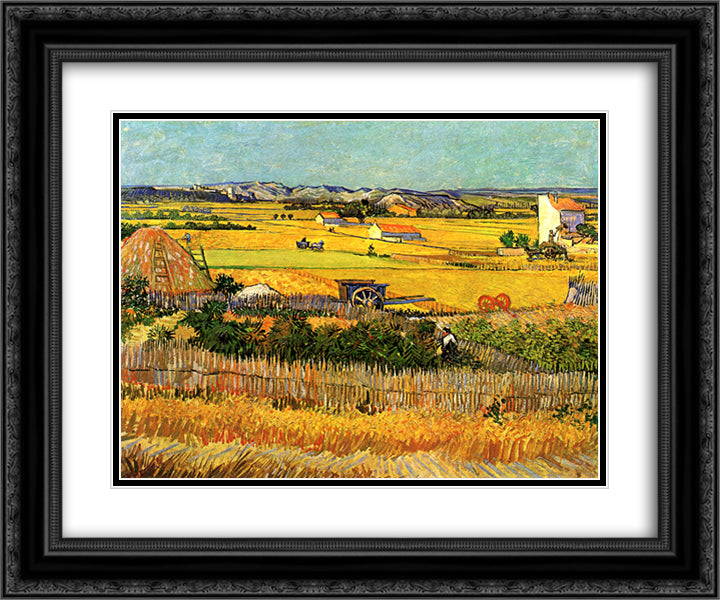 Harvest at La Crau, with Montmajour in the Background 24x20 Black Ornate Wood Framed Art Print Poster with Double Matting by Van Gogh, Vincent