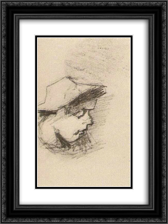 Head of a Man with Straw Hat 18x24 Black Ornate Wood Framed Art Print Poster with Double Matting by Van Gogh, Vincent