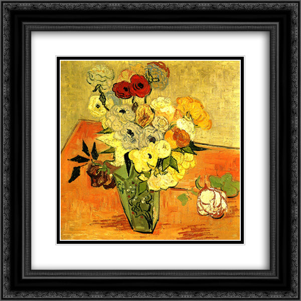 Japanese Vase with Roses and Anemones 20x20 Black Ornate Wood Framed Art Print Poster with Double Matting by Van Gogh, Vincent