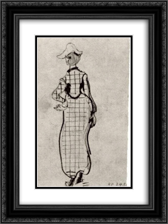 Lady with Checked Dress and Hat 18x24 Black Ornate Wood Framed Art Print Poster with Double Matting by Van Gogh, Vincent