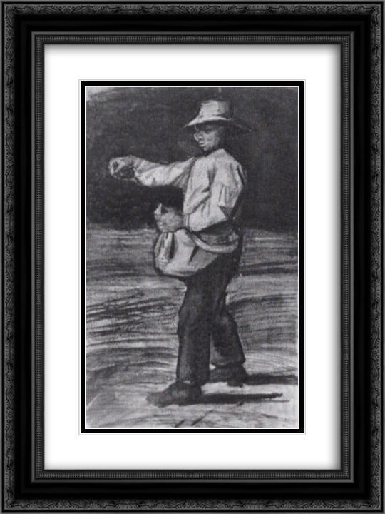 Man Feeding Chickens or Sowing 18x24 Black Ornate Wood Framed Art Print Poster with Double Matting by Van Gogh, Vincent