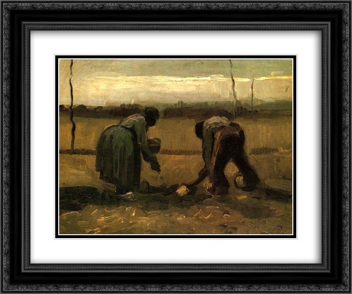 Peasant and Peasant Woman Planting Potatoes 24x20 Black Ornate Wood Framed Art Print Poster with Double Matting by Van Gogh, Vincent