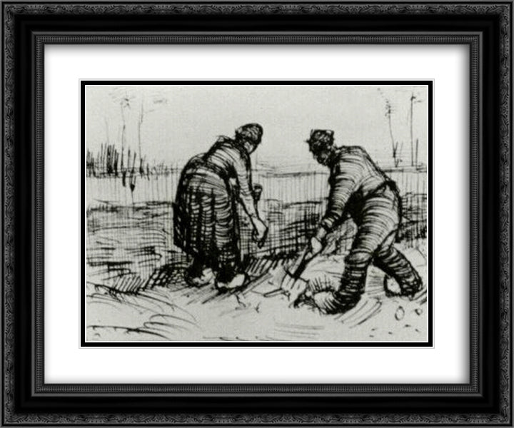 Peasant Man and Woman Planting Potatoes 24x20 Black Ornate Wood Framed Art Print Poster with Double Matting by Van Gogh, Vincent