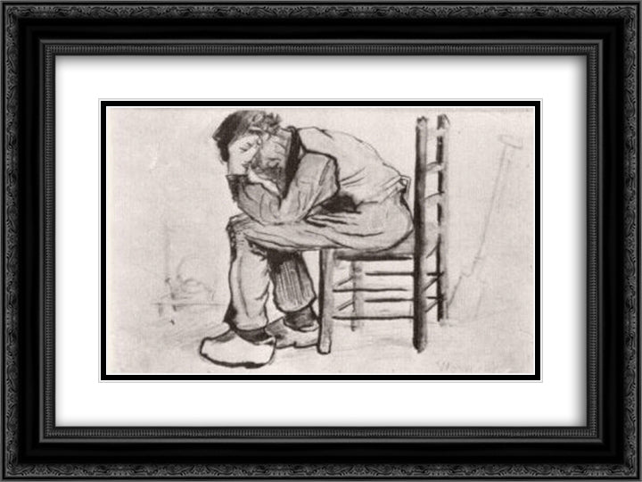 Peasant Sitting by the Fireplace (Worn Out) 24x18 Black Ornate Wood Framed Art Print Poster with Double Matting by Van Gogh, Vincent