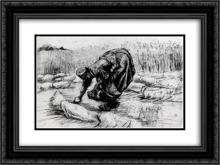 Peasant Woman, Stooping between Sheaves of Grain 24x18 Black Ornate Wood Framed Art Print Poster with Double Matting by Van Gogh, Vincent