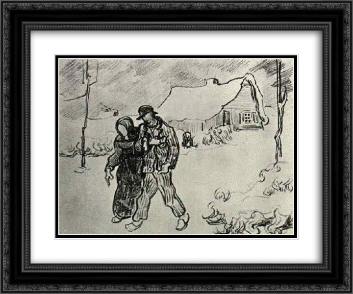 People Walking in Front of Snow-Covered Cottage 24x20 Black Ornate Wood Framed Art Print Poster with Double Matting by Van Gogh, Vincent