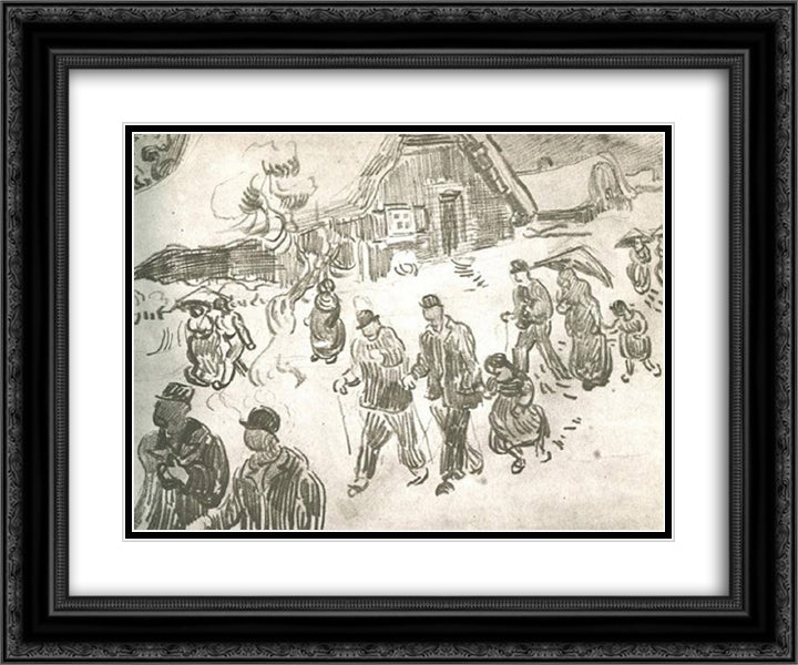 People Walking in Front of Snow-Covered Cottage 24x20 Black Ornate Wood Framed Art Print Poster with Double Matting by Van Gogh, Vincent