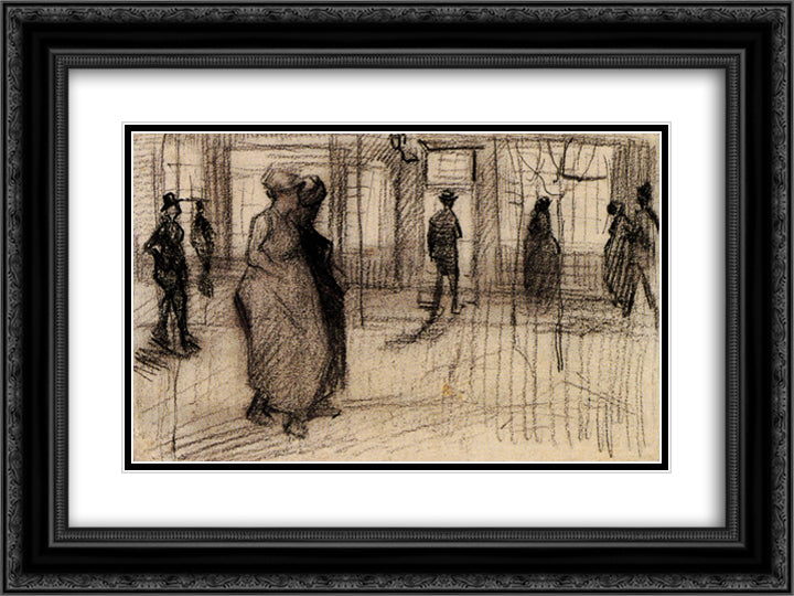 People Walking on a Street in the Evening 24x18 Black Ornate Wood Framed Art Print Poster with Double Matting by Van Gogh, Vincent