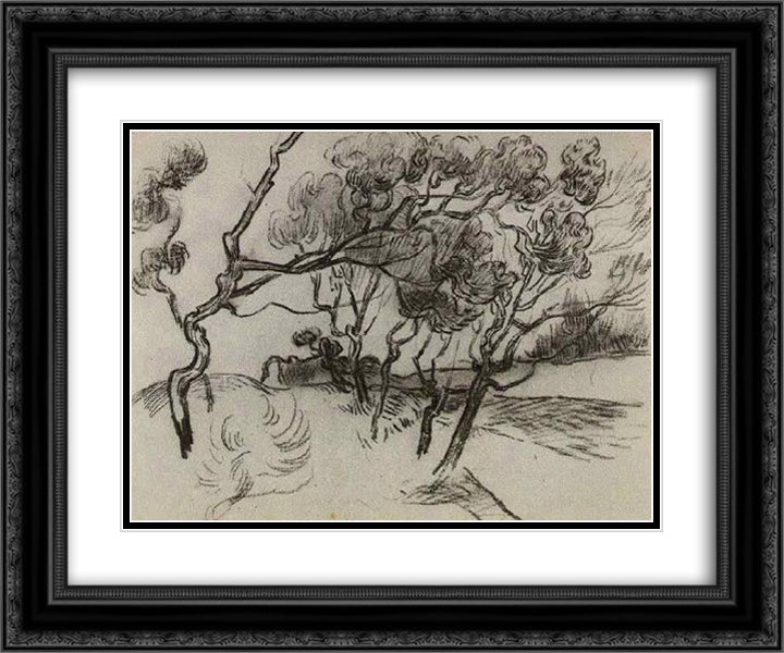 Pine Trees along a Road to a House 24x20 Black Ornate Wood Framed Art Print Poster with Double Matting by Van Gogh, Vincent
