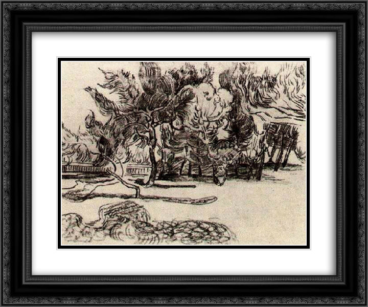 Pine Trees near the Wall of the Asylum 24x20 Black Ornate Wood Framed Art Print Poster with Double Matting by Van Gogh, Vincent