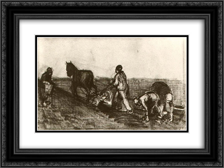 Ploughman and Three Women 24x18 Black Ornate Wood Framed Art Print Poster with Double Matting by Van Gogh, Vincent