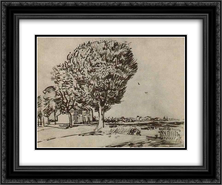 Road with Trees 24x20 Black Ornate Wood Framed Art Print Poster with Double Matting by Van Gogh, Vincent