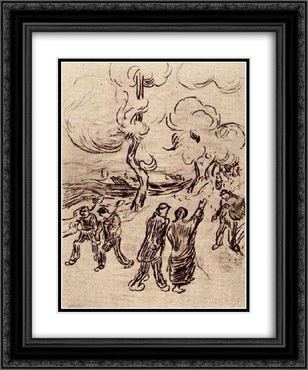 Several Figures on a Road with Trees 20x24 Black Ornate Wood Framed Art Print Poster with Double Matting by Van Gogh, Vincent