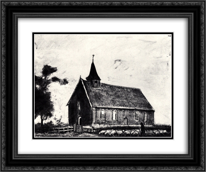Shepherd with Flock near a Little Church at Zweeloo 24x20 Black Ornate Wood Framed Art Print Poster with Double Matting by Van Gogh, Vincent