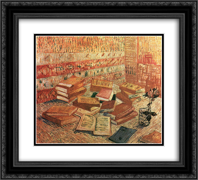Still Life - French Novels and Rose 22x20 Black Ornate Wood Framed Art Print Poster with Double Matting by Van Gogh, Vincent