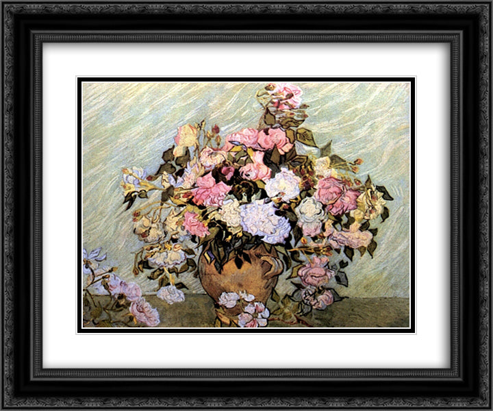 Still Life Vase with Roses 24x20 Black Ornate Wood Framed Art Print Poster with Double Matting by Van Gogh, Vincent
