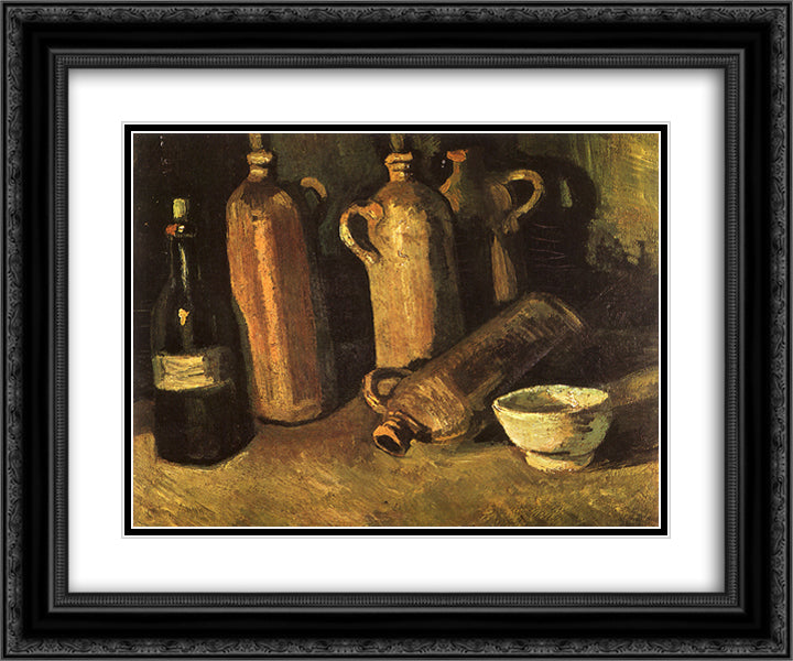 Still Life with Four Stone Bottles, Flask and White Cup 24x20 Black Ornate Wood Framed Art Print Poster with Double Matting by Van Gogh, Vincent