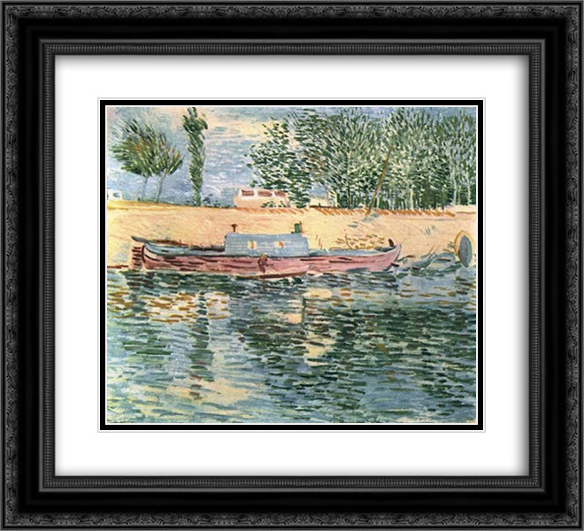 The Banks of the Seine with Boats 22x20 Black Ornate Wood Framed Art Print Poster with Double Matting by Van Gogh, Vincent