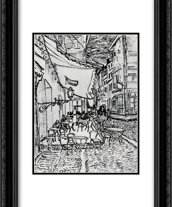 The Cafe Terrace on the Place du Forum, Arles, at Night 20x24 Black Ornate Wood Framed Art Print Poster with Double Matting by Van Gogh, Vincent