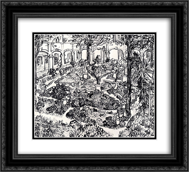 The Courtyard of the Hospital at Arles 22x20 Black Ornate Wood Framed Art Print Poster with Double Matting by Van Gogh, Vincent