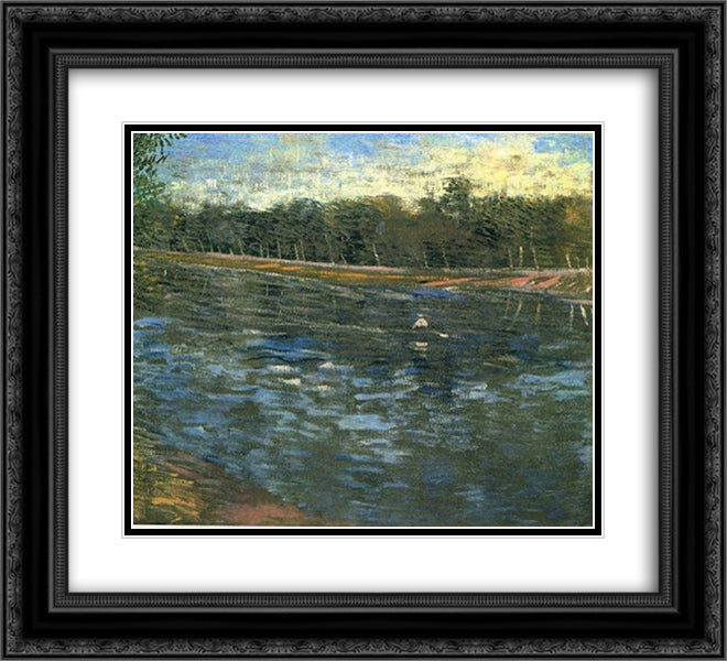 The Seine with a Rowing Boat 22x20 Black Ornate Wood Framed Art Print Poster with Double Matting by Van Gogh, Vincent