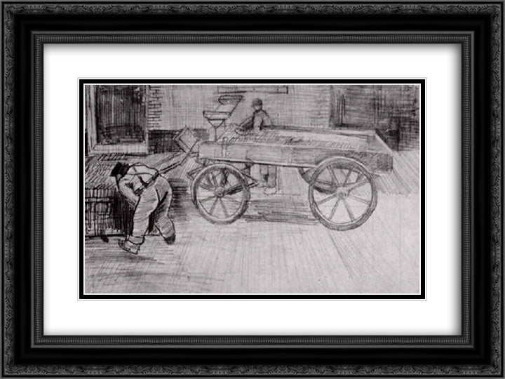Two Men with a Four-Wheeled Wagon 24x18 Black Ornate Wood Framed Art Print Poster with Double Matting by Van Gogh, Vincent