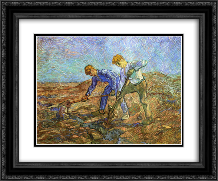 Two Peasants Diging (after Millet) 24x20 Black Ornate Wood Framed Art Print Poster with Double Matting by Van Gogh, Vincent