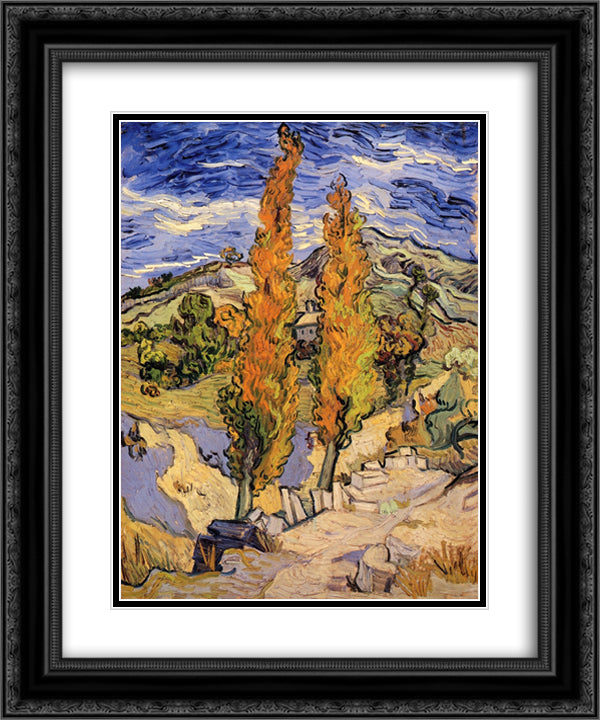 Two Poplars on a Hill 20x24 Black Ornate Wood Framed Art Print Poster with Double Matting by Van Gogh, Vincent