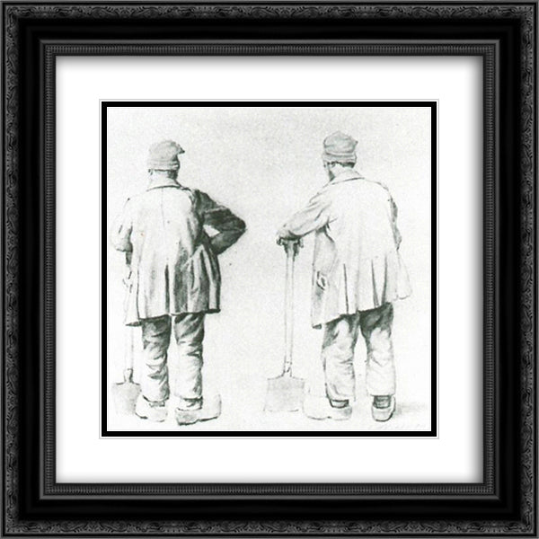 Two Sketches of a Man Leaning on His Spade 20x20 Black Ornate Wood Framed Art Print Poster with Double Matting by Van Gogh, Vincent
