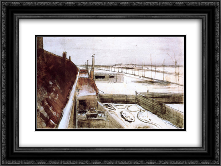 View from the Window of Vincent's Studio in Winter 24x18 Black Ornate Wood Framed Art Print Poster with Double Matting by Van Gogh, Vincent