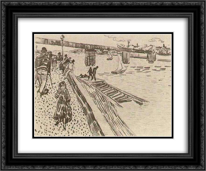 View of a River, Quay, and Bridge 24x20 Black Ornate Wood Framed Art Print Poster with Double Matting by Van Gogh, Vincent