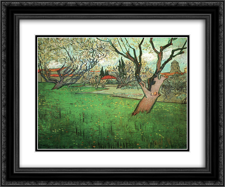 View of Arles with Trees in Blossom 24x20 Black Ornate Wood Framed Art Print Poster with Double Matting by Van Gogh, Vincent