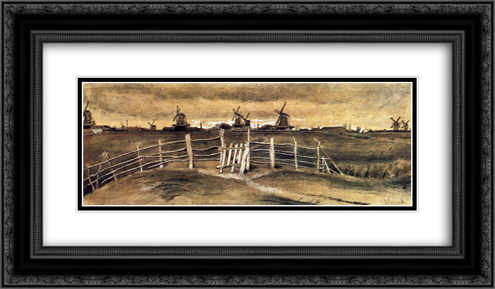 Windmils at Dordrecht 24x14 Black Ornate Wood Framed Art Print Poster with Double Matting by Van Gogh, Vincent