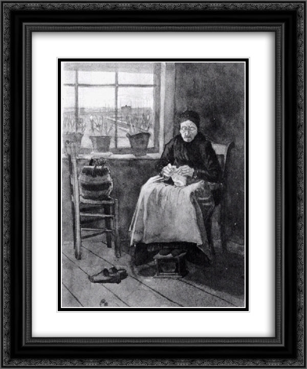 Woman at the Window, Knitting 20x24 Black Ornate Wood Framed Art Print Poster with Double Matting by Van Gogh, Vincent
