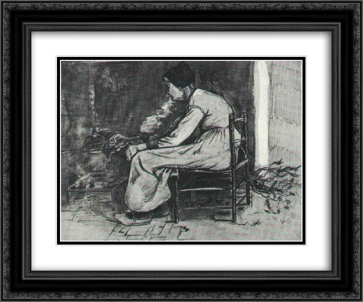 Woman Sitting at the Fireside 24x20 Black Ornate Wood Framed Art Print Poster with Double Matting by Van Gogh, Vincent