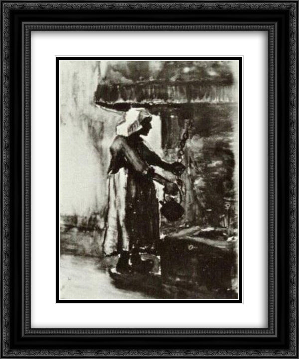 Woman with Kettle by the Fireplace 20x24 Black Ornate Wood Framed Art Print Poster with Double Matting by Van Gogh, Vincent