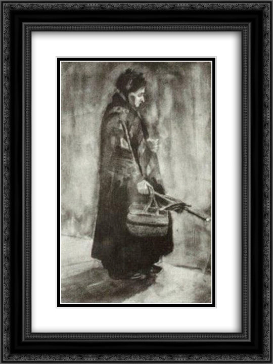 Woman with Shawl, Umbrella and Basket 18x24 Black Ornate Wood Framed Art Print Poster with Double Matting by Van Gogh, Vincent
