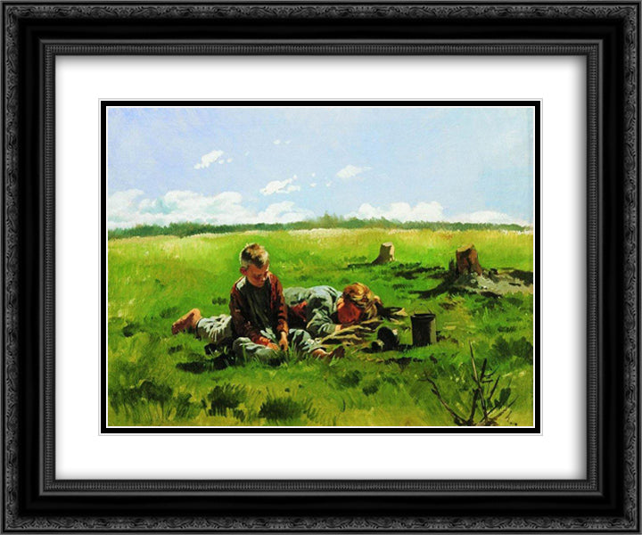 Boys in the field 24x20 Black Ornate Wood Framed Art Print Poster with Double Matting by Makovsky, Vladimir