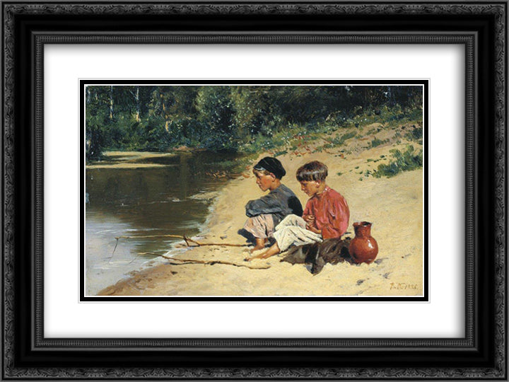Fisherwomen 24x18 Black Ornate Wood Framed Art Print Poster with Double Matting by Makovsky, Vladimir
