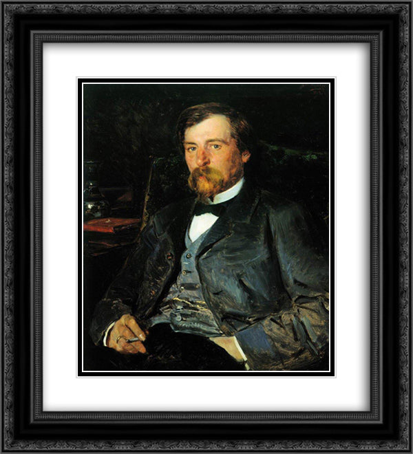Portrait of the Artist Illarion Mikhailovich Pryanishikov 20x22 Black Ornate Wood Framed Art Print Poster with Double Matting by Makovsky, Vladimir