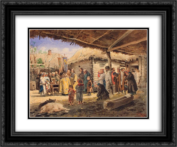 Prayer service at the farm in Ukraine 24x20 Black Ornate Wood Framed Art Print Poster with Double Matting by Makovsky, Vladimir