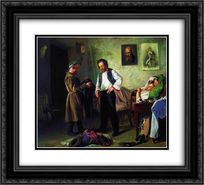 The artist, selling old stuff to Tatar (Artist's Studio) 22x20 Black Ornate Wood Framed Art Print Poster with Double Matting by Makovsky, Vladimir