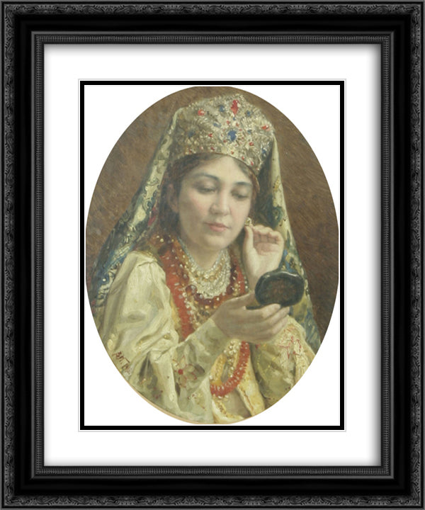 Young Lady Looking into a Mirror 20x24 Black Ornate Wood Framed Art Print Poster with Double Matting by Makovsky, Vladimir