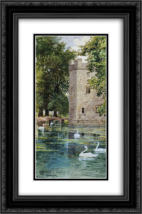 The Moat and Bishop's Palace, Wells Cathedral 16x24 Black Ornate Wood Framed Art Print Poster with Double Matting by Crane, Walter