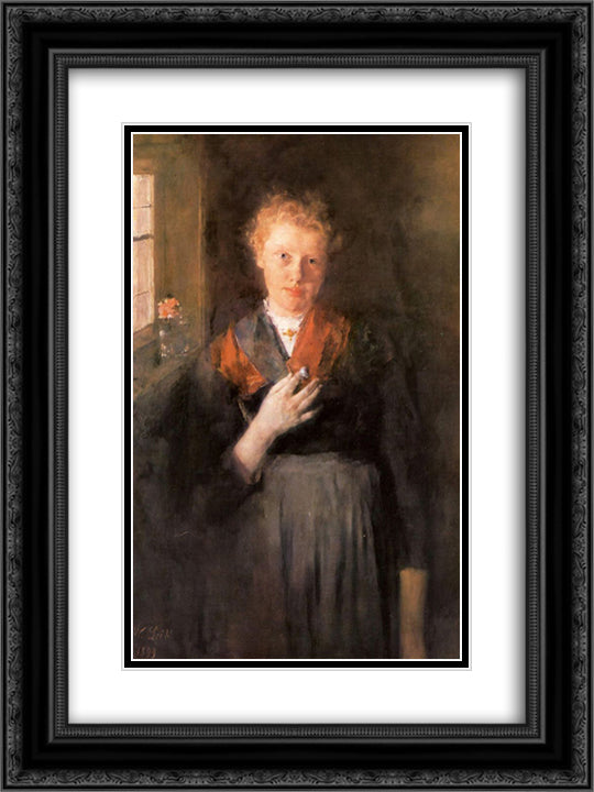 Madchen am Fenster 18x24 Black Ornate Wood Framed Art Print Poster with Double Matting by Leibl, Wilhelm