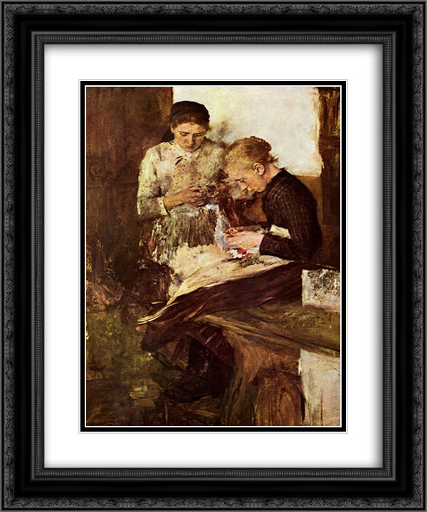 Strickende Madchen auf der Ofenbank 20x24 Black Ornate Wood Framed Art Print Poster with Double Matting by Leibl, Wilhelm