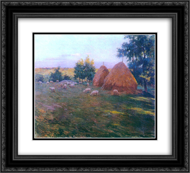Haystacks 22x20 Black Ornate Wood Framed Art Print Poster with Double Matting by Metcalf, Willard