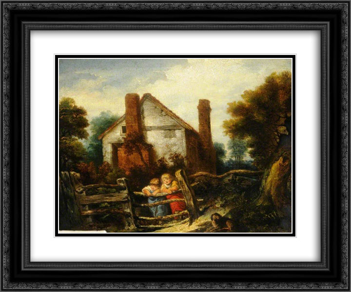 English Cottage Scene 24x20 Black Ornate Wood Framed Art Print Poster with Double Matting by Collins, William