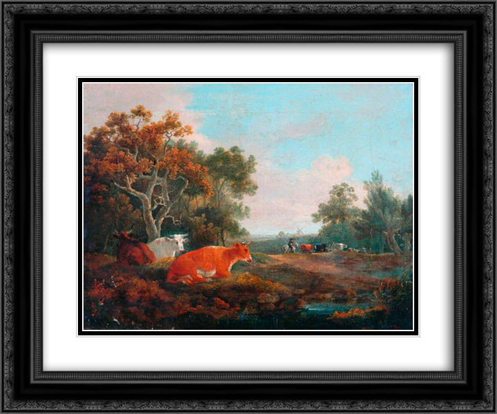 Landscape with Cattle 24x20 Black Ornate Wood Framed Art Print Poster with Double Matting by Collins, William